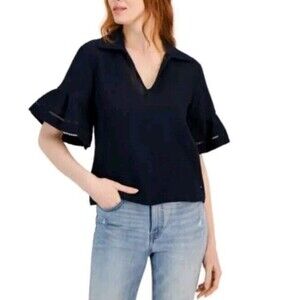 Tommy Hilfiger Women's Long Sleeve Collared Shirt, Navy  LRG